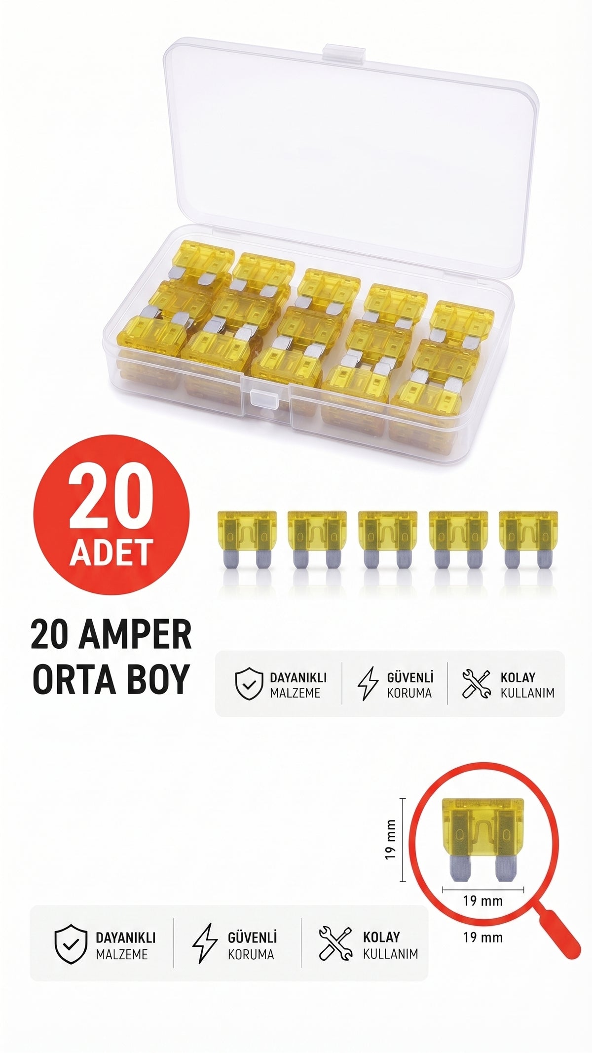 20 Amper Orta Boy Bıçak Sigorta 100 Adet Ağır Vasıta Universal