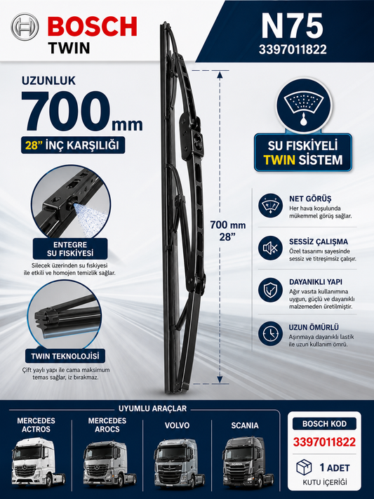 Bosch 3397011822 Silecek Süpürgesi N75 Twin 700mm Euro 6 Yeni Model Mercedes Benz Actros Arocs Volvo Scania Bosch