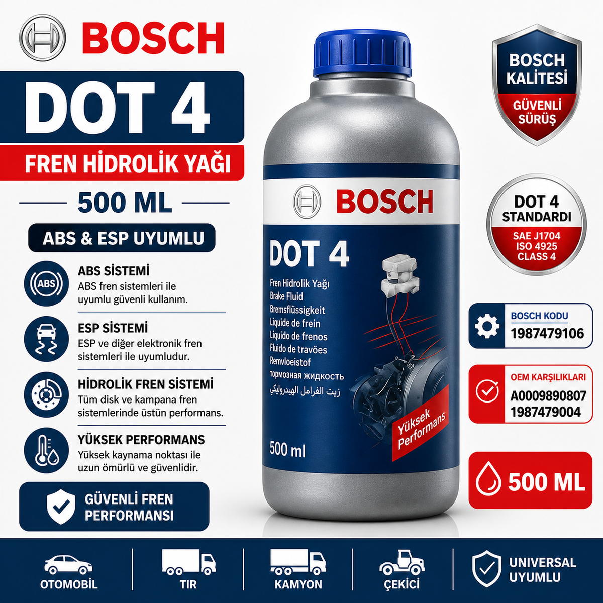 Bosch 1987479107 Fren Hidrolik Yağı DOT 4 Sarı Renk 1 Kilo Bosch