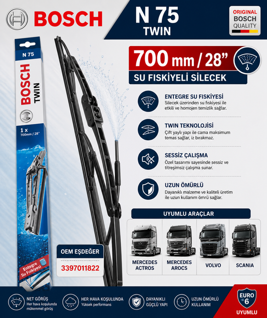 Bosch 3397011822 Silecek Süpürgesi  N75 Twin 700mm Euro 6 Yeni Model Mercedes Benz Actros Arocs Volvo Scania Bosch