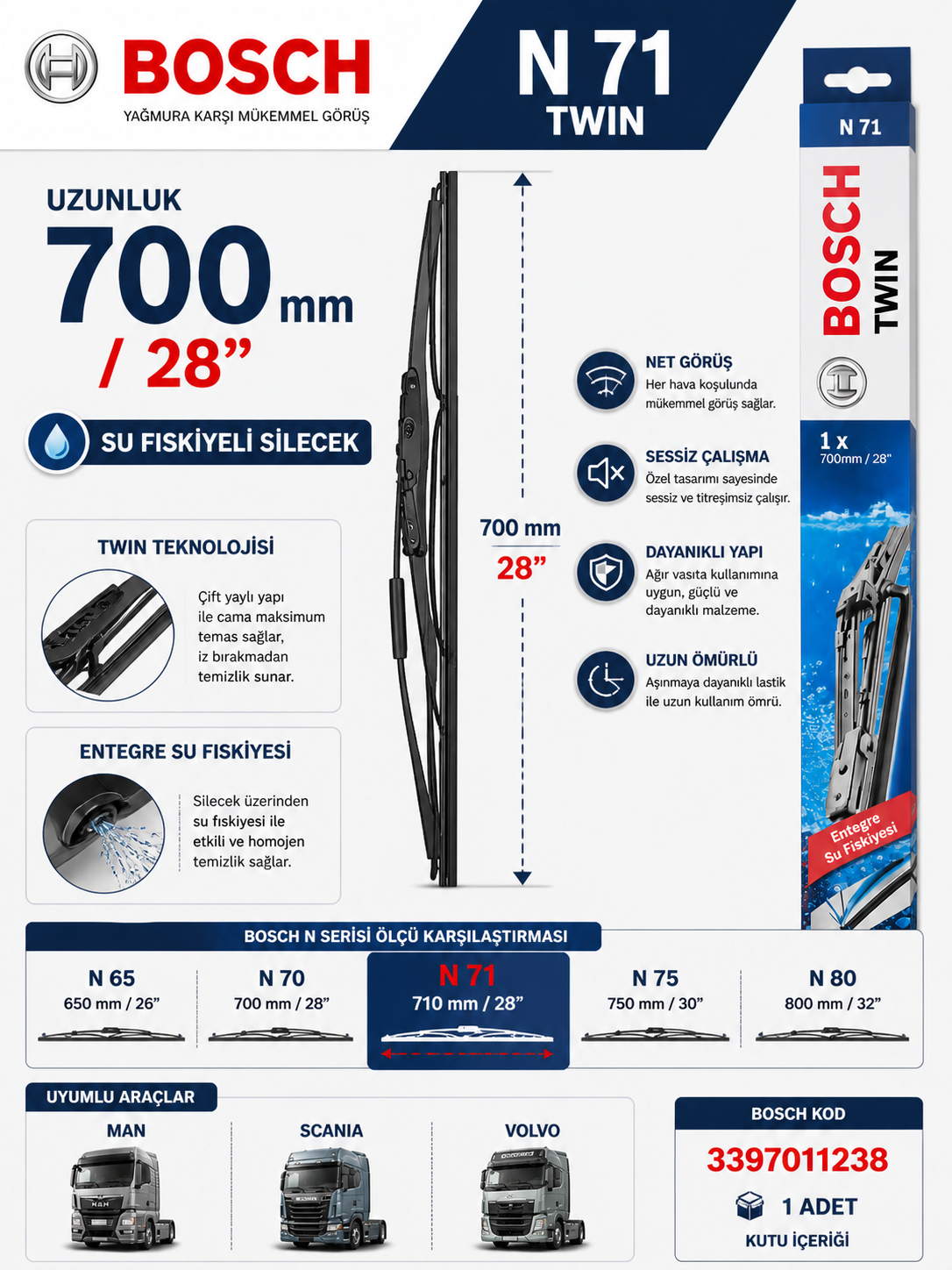 Bosch 3397011238 Twin N71 Fıskiyeli Silecek Süpürgesi  700mm Actros MP2 MP3 Scania Bosch