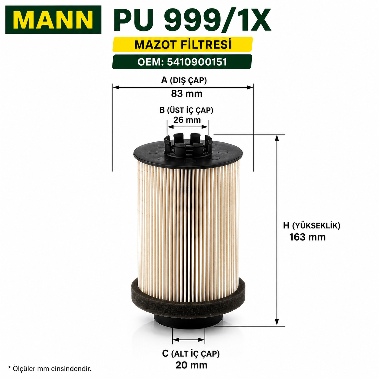 Mann Filter PU 999/1X Mazot Filtresi Mercedes Actros Axor Setra Travego Uyumlu A5410900151