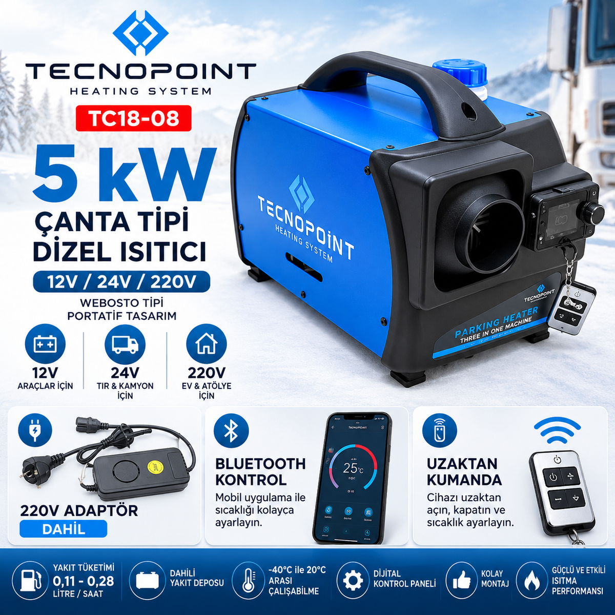 Tecnopoint TC18-08 5 kW Çanta Tipi Dizel Isıtıcı 12V 24V 220V Bluetooth Adaptörlü Kumandalı