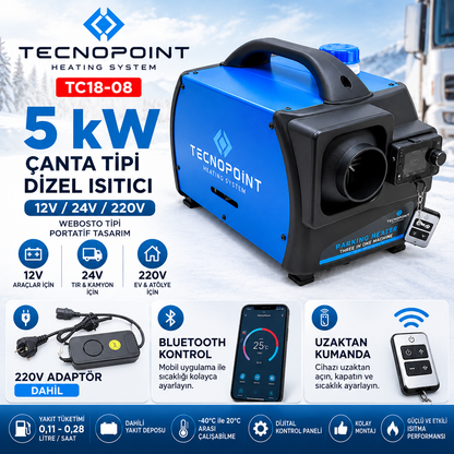 Tecnopoint TC18-08 5 kW Çanta Tipi Dizel Isıtıcı 12V 24V 220V Bluetooth Adaptörlü Kumandalı
