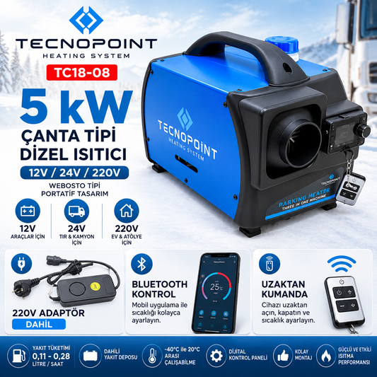 Tecnopoint TC18-08 5 kW Çanta Tipi Dizel Isıtıcı 12V 24V 220V Bluetooth Adaptörlü Kumandalı