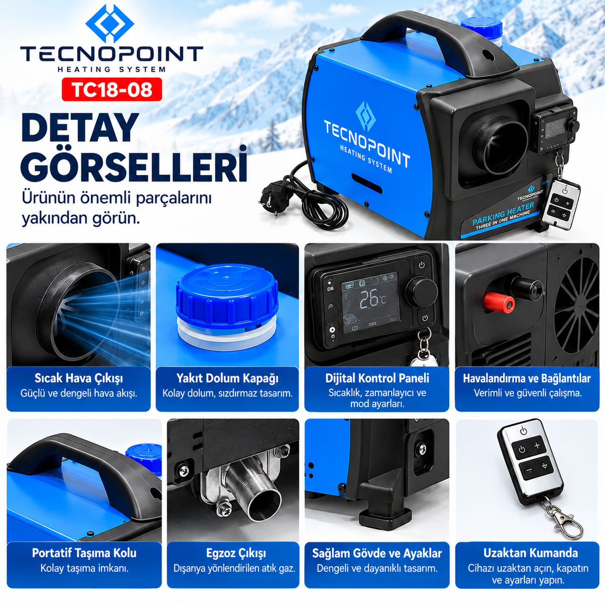 Tecnopoint TC18-08 5 kW Çanta Tipi Dizel Isıtıcı 12V 24V 220V Bluetooth Adaptörlü Kumandalı