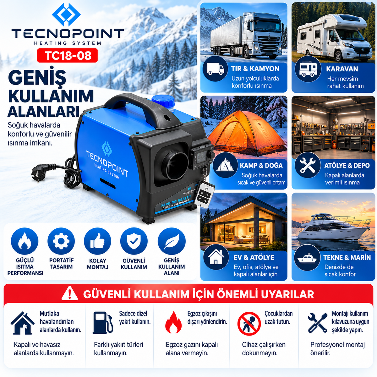 Tecnopoint TC18-08 5 kW Çanta Tipi Dizel Isıtıcı 12V 24V 220V Bluetooth Adaptörlü Kumandalı