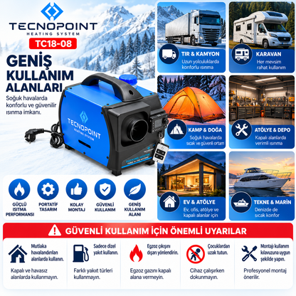 Tecnopoint TC18-08 5 kW Çanta Tipi Dizel Isıtıcı 12V 24V 220V Bluetooth Adaptörlü Kumandalı