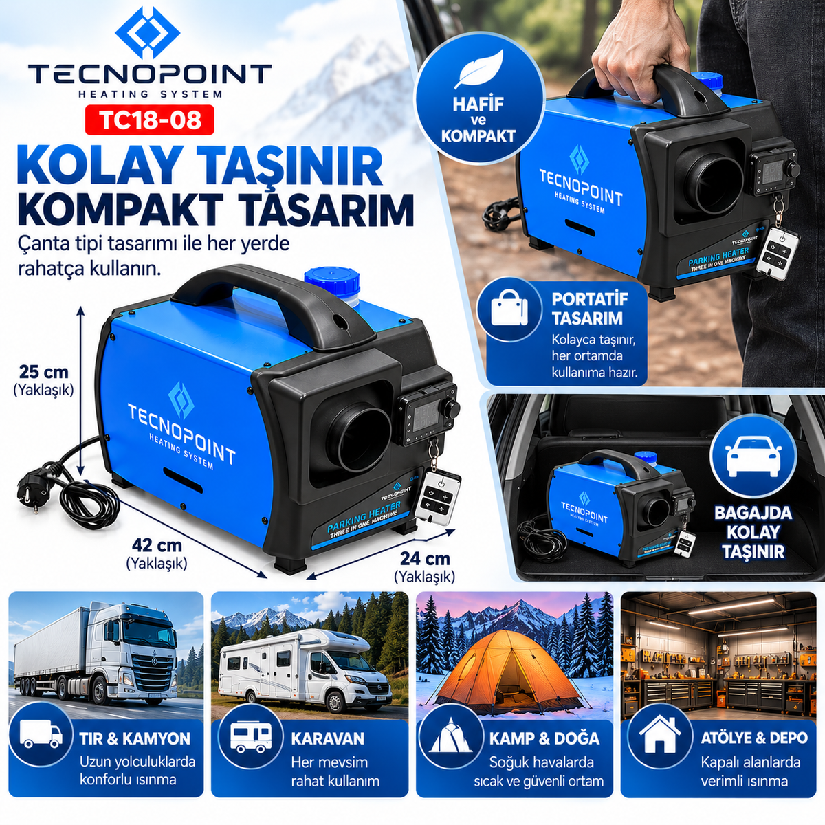 Tecnopoint TC18-08 5 kW Çanta Tipi Dizel Isıtıcı 12V 24V 220V Bluetooth Adaptörlü Kumandalı