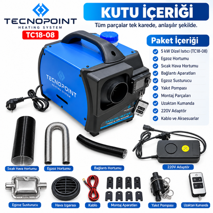 Tecnopoint TC18-08 5 kW Çanta Tipi Dizel Isıtıcı 12V 24V 220V Bluetooth Adaptörlü Kumandalı