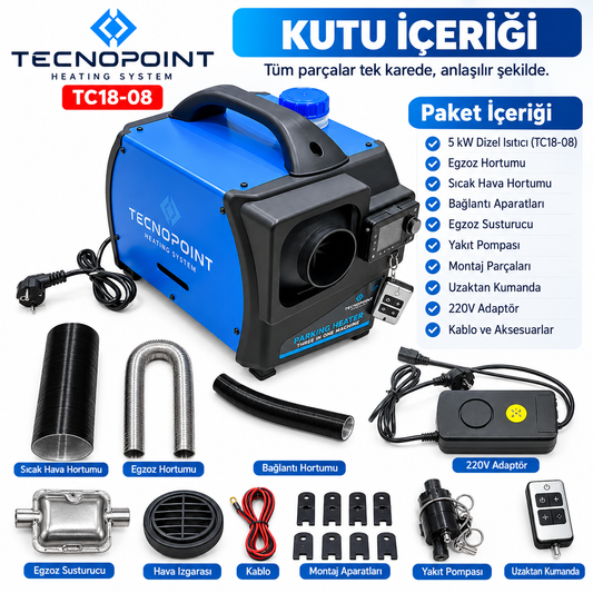 Tecnopoint TC18-08 5 kW Çanta Tipi Dizel Isıtıcı 12V 24V 220V Bluetooth Adaptörlü Kumandalı