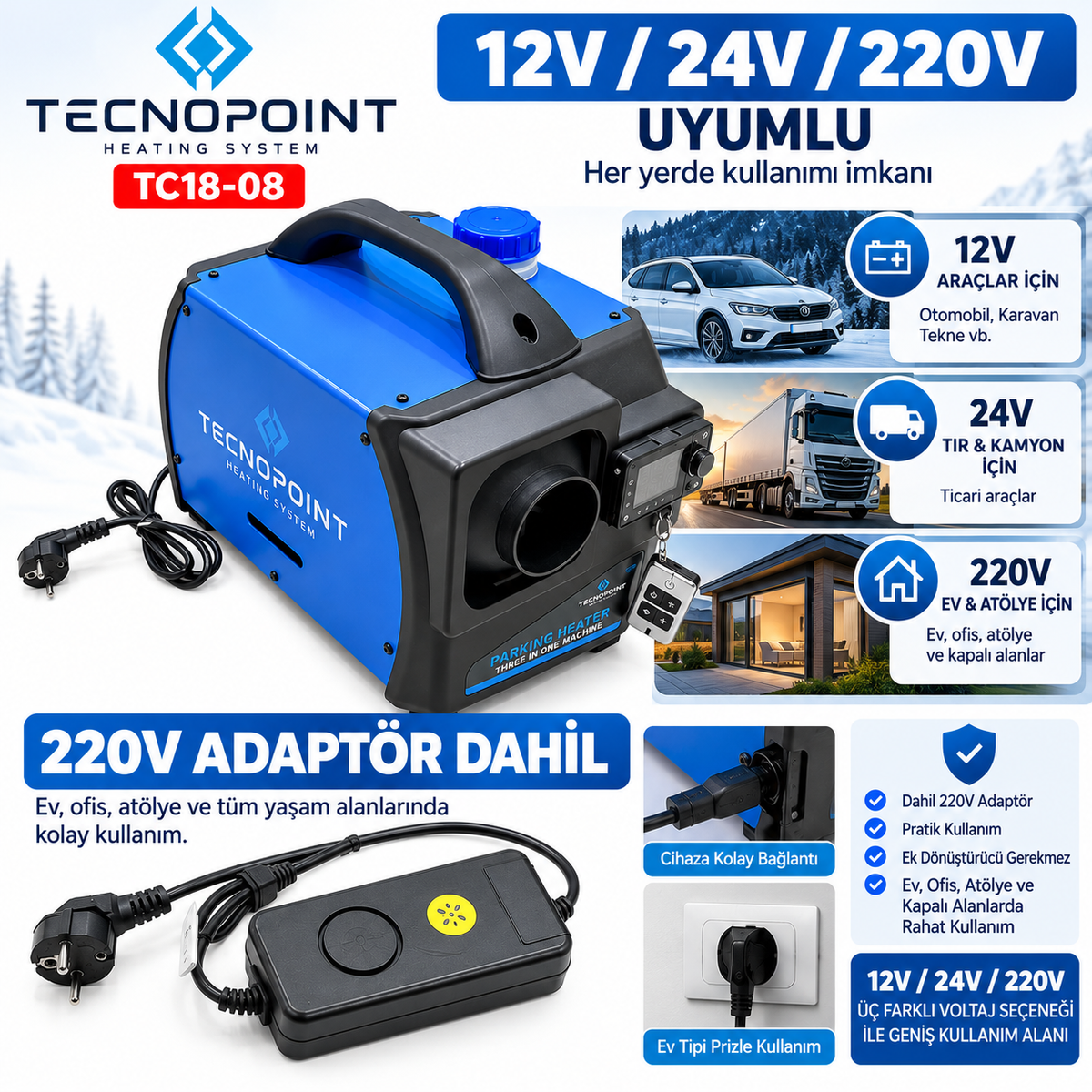 Tecnopoint TC18-08 5 kW Çanta Tipi Dizel Isıtıcı 12V 24V 220V Bluetooth Adaptörlü Kumandalı