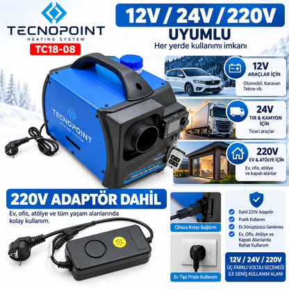 Tecnopoint TC18-08 5 kW Çanta Tipi Dizel Isıtıcı 12V 24V 220V Bluetooth Adaptörlü Kumandalı