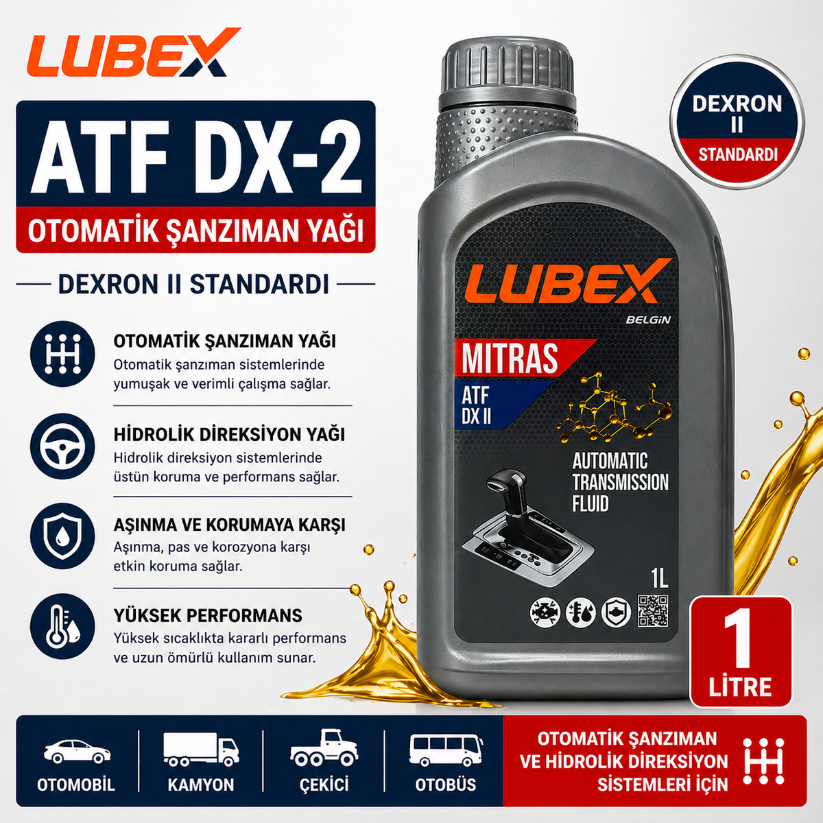 Lubex ATF DX II Otomatik Şanzıman ve Direksiyon Hidroliği 1L Lubex